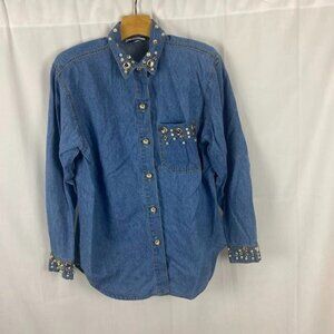 Monique Fashions 80's Beaded Jewel Denim Blouse Top Women's 5/6